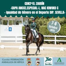 🗓️Del 7 al 8 de octubre CDN 2* EL ZAUDIN COPA ANCCE ESPECIAL L. NACIONAL KIWOKO C – IGUALDAD DE GÉNERO EN EL DEPORTE DIP. SEVILLA. Federación Andaluza de Hípica, instalaciones C. Zaudín, Bormujos (Sevilla).
