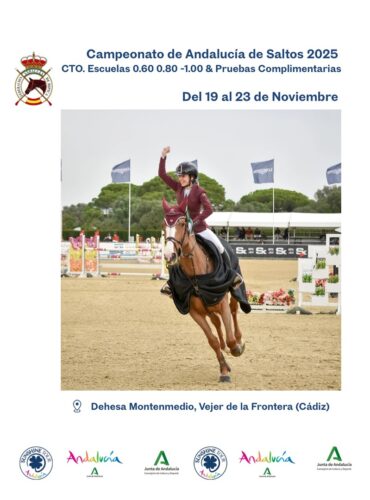 🗓️Del 19 al 23 de noviembre CAMPEONATO DE ANDALUCÍA SALTO DE OBSTÁCULOS. Federación Andaluza de Hípica, instalaciones Dehesa Montenmedio, Vejer de la Ftra. (Cádiz).