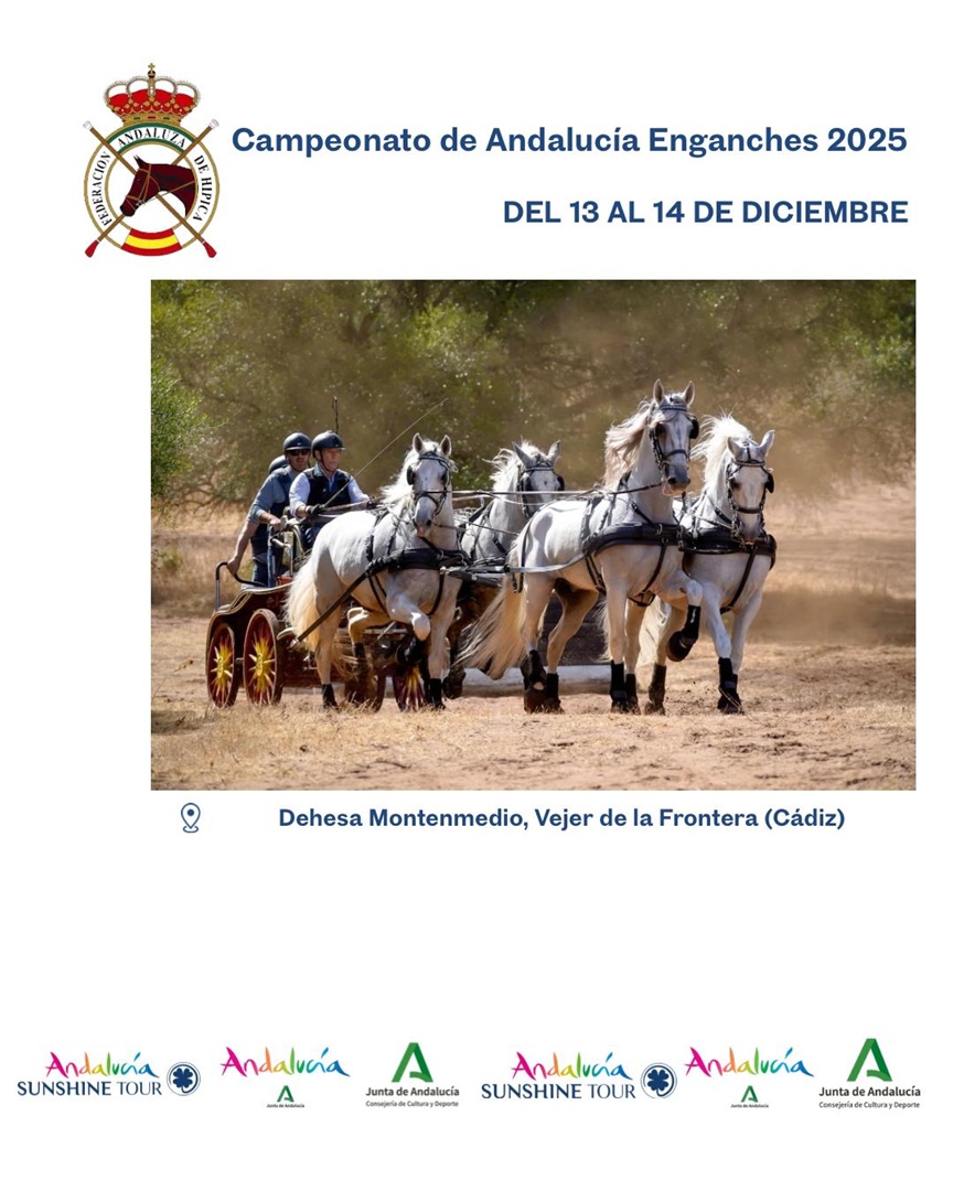 🗓️Del 13 al 14 de diciembre CTO. ANDALUCÍA ENGANCHES. Federación Andaluza de Hípica, instalaciones Dehesa Montenmedio, Vejer de la Ftra. (Cádiz).